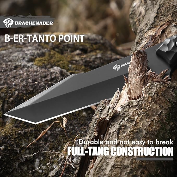 Tanto Fixed Blade Knife with Sheath, Tactical Knife for Men Survival Full Tang Design (E-Full Black)