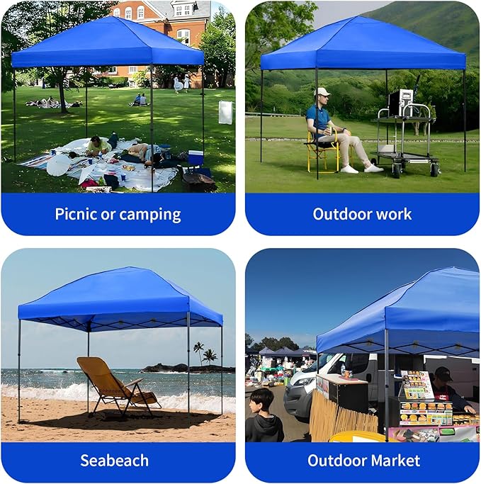 10x10 Pop Up Canopy Tent with 2 Sidewalls, Easy Up Canopy Outdoor Party Sun Shade Tent Portable Gazebo for Beach Camping Events with Carry Bag and 4 Sand Bags(Blue)