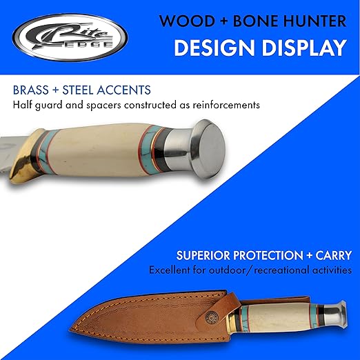 SZCO Full Tang Hunting Knife 11.5 Inch - Turquoise Pocket Knife with Stainless Steel Blade, Bone Handle & Leather Sheath - Camping Knife for hunting - Skinning knife for Men