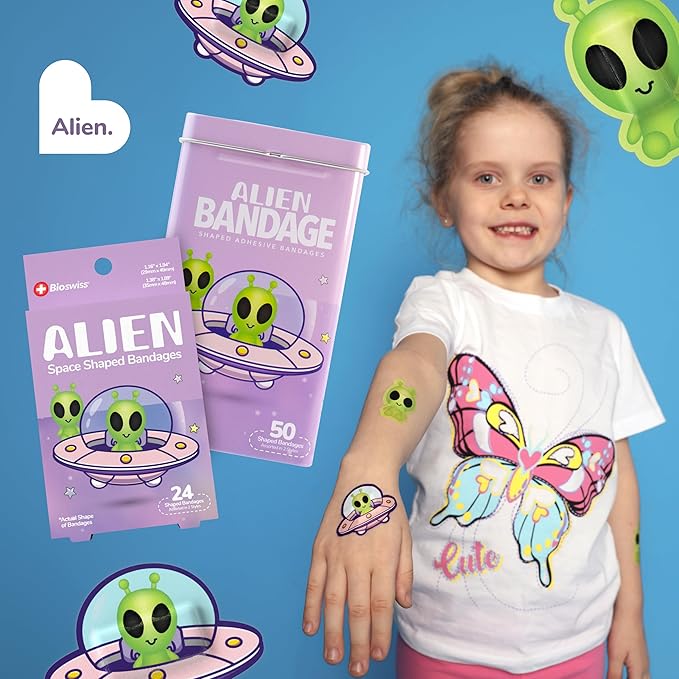 BioSwiss Bandages, Halloween Alien Shaped Self Adhesive Bandage, Latex Free Sterile Wound Care, Fun First Aid Kit Supplies for Kids, 50 Count
