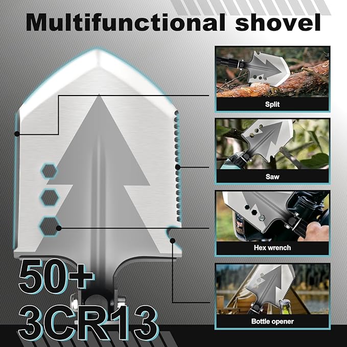 GOJAWAY 20 in 1 Multitool Survival kit, Camping Shovel Military Axe, 55" Trekking Pole Foldable Spade with Portable Bag and Hatchet, for Car Emergency Offroad Entrenching Tool