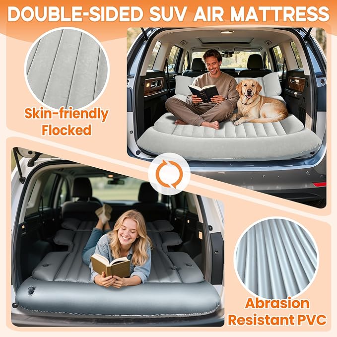 SUV Air Mattress, Thickened Car Air Mattress, SUV Mattress for Truck, Double-Sided Inflatable car Bed with 2 Pillows & Air Pump, Car Camping Mattress Back Seat, Inflatable Bed for Suvs