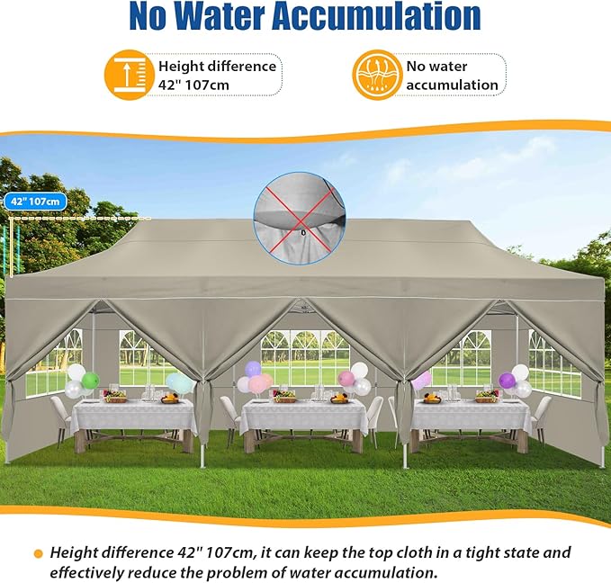 HOTEEL 10x30 Pop up Canopy Tent for Parties, Heavy Duty Easy Setup Tent with 8 Sidewalls, Outdoor Commercial Instant Gazebo for Wedding Event, with Portable Bag & Sand Bags, Khaki(Hexagonal Frame)