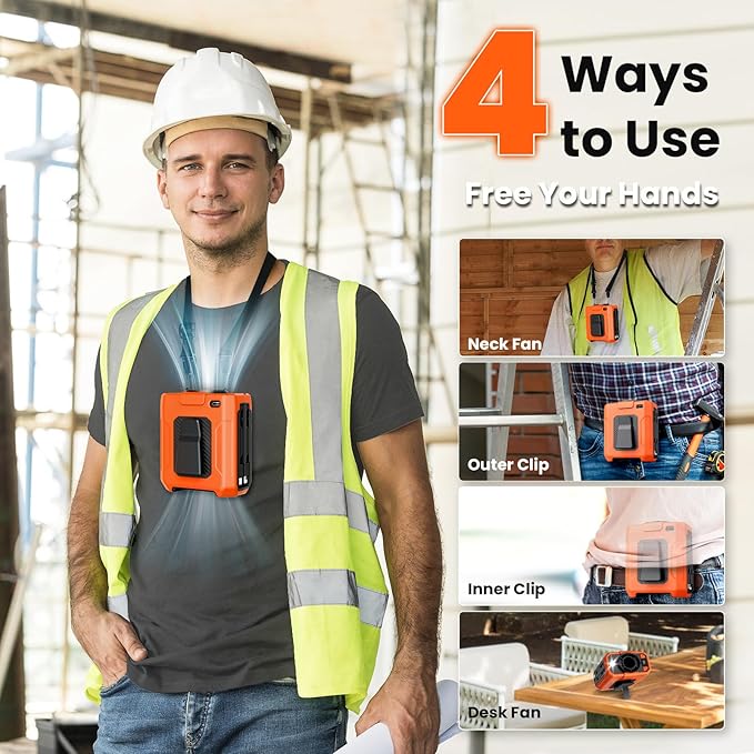 Portable Waist Fan - 5 Speeds 18000RPM Strong Airflow 10000mAh Battery Powered 35H Cooling - Hands-Free Waist Neck Desk Fan with Flashlight for Outdoor Jobsite Camping, Orange