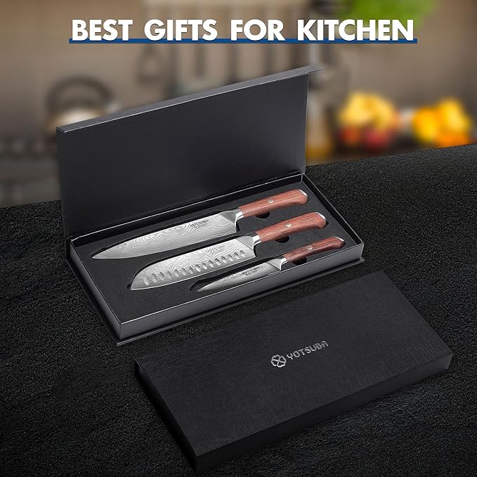 YOTSUBA Kitchen Knives Set 3 PCS, Ultra Sharp Chef Knives High Carbon Stainless Steel, for Home & Restaurant Use, With Smooth Ergonomic Handle and Stylish Premium Gift Box for Meat Slicing& Vegetables