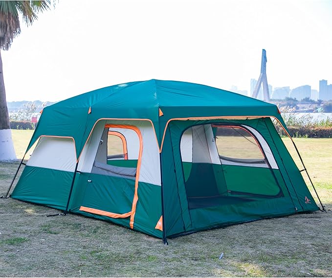 KTT Extra Large Tent 6-10-12-14 Person(A),Family Cabin Tents,2 Rooms,3 Doors and 3 Windows with Mesh,Straight Wall,Waterproof,Double Layer,Big Tent for Outdoor,Picnic,Camping,Family Gathering