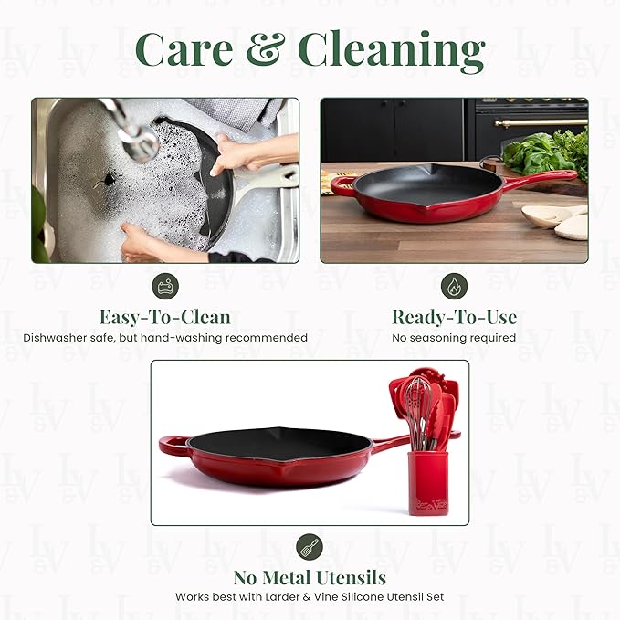 Larder & Vine Enameled Cast Iron Skillet | 10.25 inch Skillet | Saute Pan with Pour Spouts | Enamel Coated Cast Iron | Compatible on All Cooktops & Oven Safe to 500 F | Cabernet