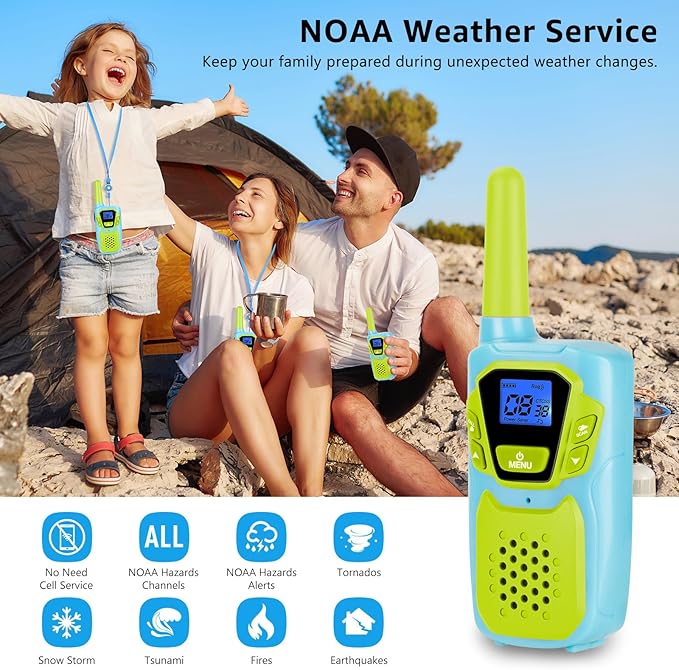 Walkie Talkies for Kids Adults Long Range Rechargeable 2 Pack, USB FRS 2 Way Radio Toys for 3-12+ Year Old Boy Girl Toddler, NOAA Walkie-Talkies 4 Miles for Family Camping Hiking Skiing Cruise
