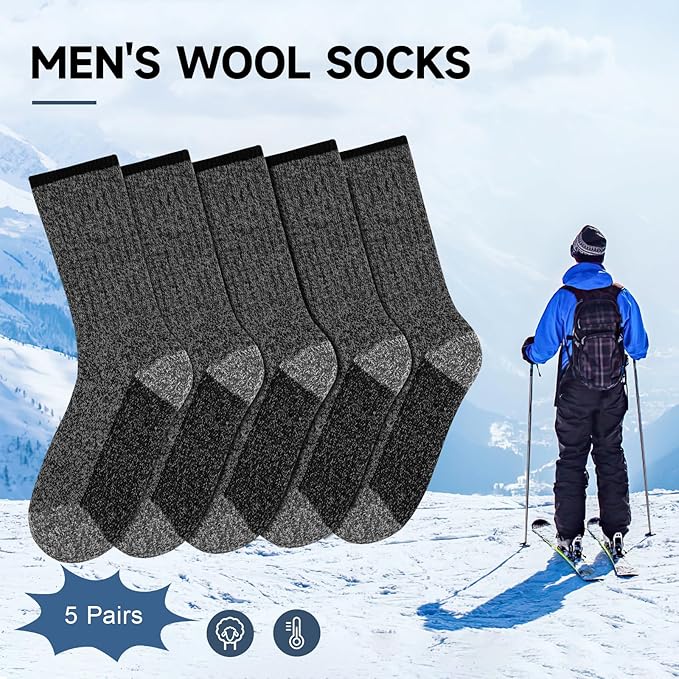BESTENA Merino Wool Hiking Socks for Men 5 Pairs Thermal Warm Winter Thick Cushion Moisture Wicking Crew Boot Socks