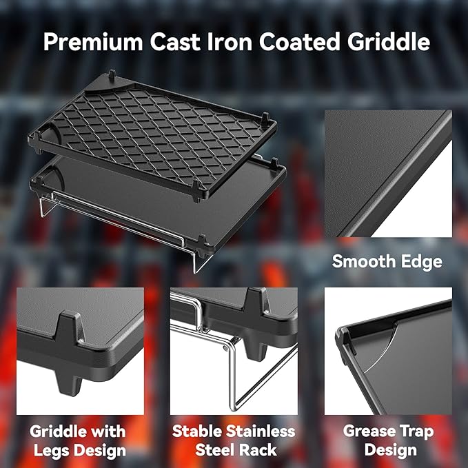 Skyflame Universal Cast Iron Griddle, Flat Top Gas Grill Griddle Pan with Removable Rack and Raised Lip Edges, Fit for Most Gas Grill with Side Burner and Other Grills, Size 14.5" x 10"
