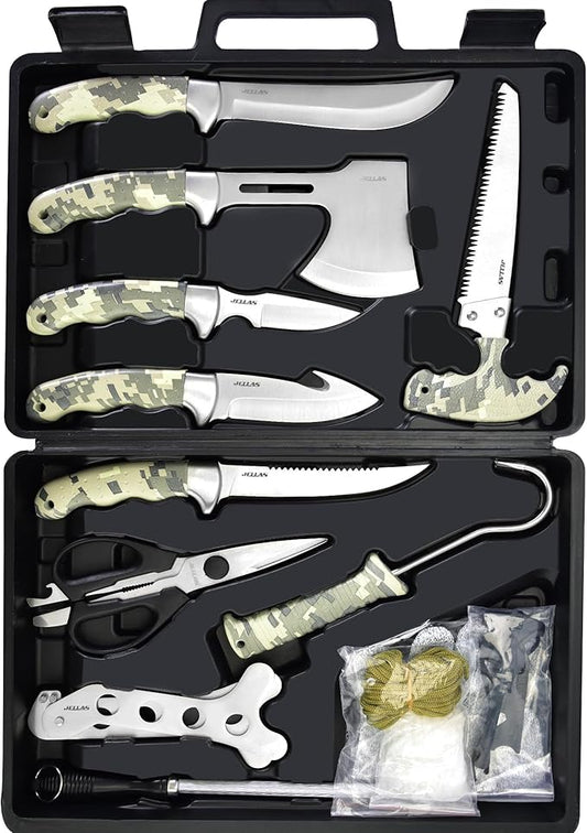 Jellas Professional 15-Piece Hunting & Outdoor Gear Set | Game Processing Kit with Field Dressing Tools, Bone Saw, Gut Hook, Fixed Blade, Boning, Skinning & Fillet Blades | Heavy-Duty Portable Case