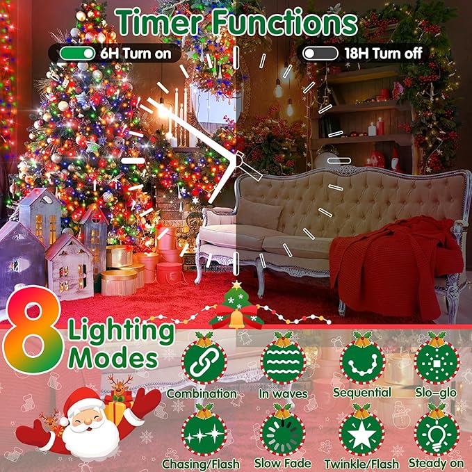 XURISEN Christmas Lights Outdoor 197FT 500 LED Green Wire String Lights 8 Modes with Timer Memory Waterproof Fairy Light Plug in for Xmas Tree Wedding Yard Party Holiday Decorations(Multicolor)