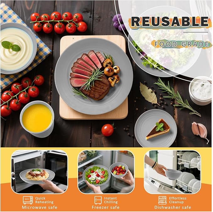 Wheat Straw Dinnerware Sets, Plates and Bowls Sets, 32 PCS Dinnerware Sets Service for 8, Unbreakable Reusable Plates Set, Outdoor Kitchen and Apartment Dinning Essentials - Gray