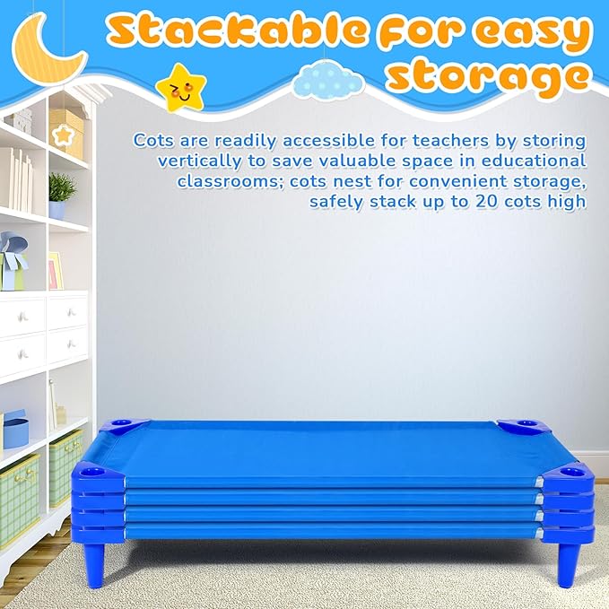 4 Pcs Stackable Daycare Cots for Toddler 54" l x 23" W Kids Cots for Sleeping Portable Kids Bed Furniture Bed Frames Headboards Footboards for Classroom Preschool (Blue)