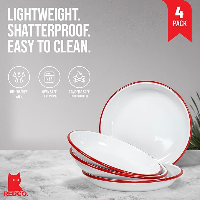 Red Co. Set of 4 Enamelware Metal 10” Round Camping Plates, Solid White/Red Rim