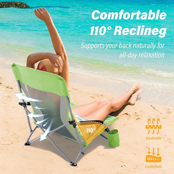 Homcosan Portable Low Folding Beach Chair - Lightweight Camping Chair for Adults with Cup Holder & Storage Pocket, Carry Bag Included (Green & Yellow)