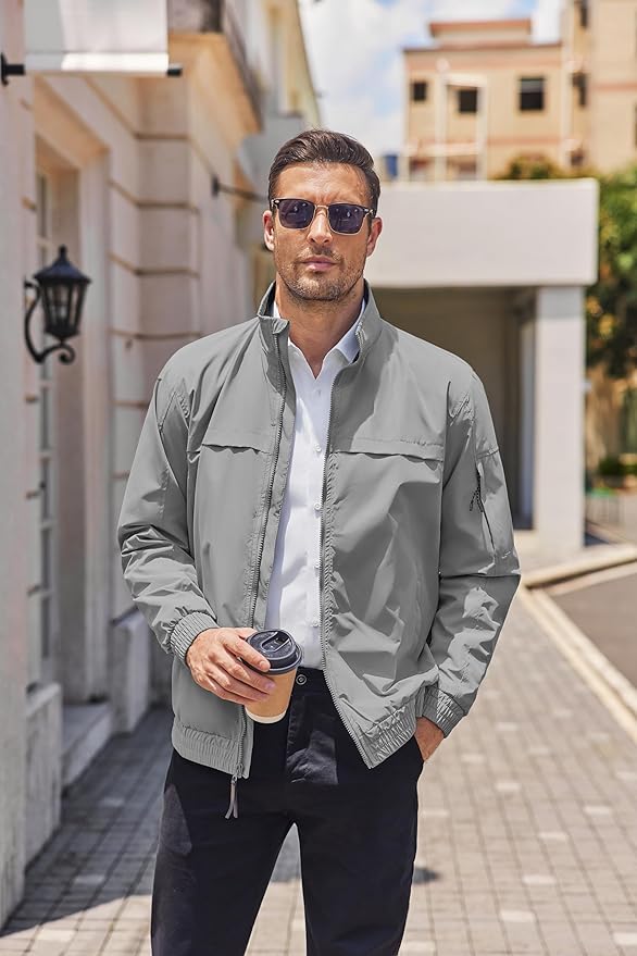 COOFANDY Mens Lightweight Bomber Jackets Stand Collar Windbreaker Softshell Jacket Zip Up Coat for Fall Outdoor