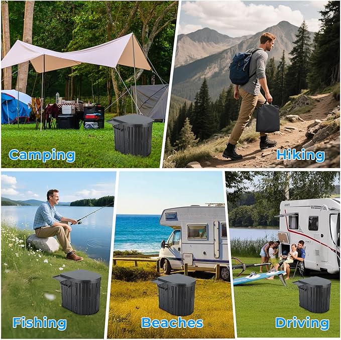 Portable Toilet for Adults, Foldable Plastic Toilet, with Lid and Paper Holder Travel Porta Potty for Adults Camping, Hiking, RV, Fishing, Beach, Road Trip, Truck, Hunting (Black)