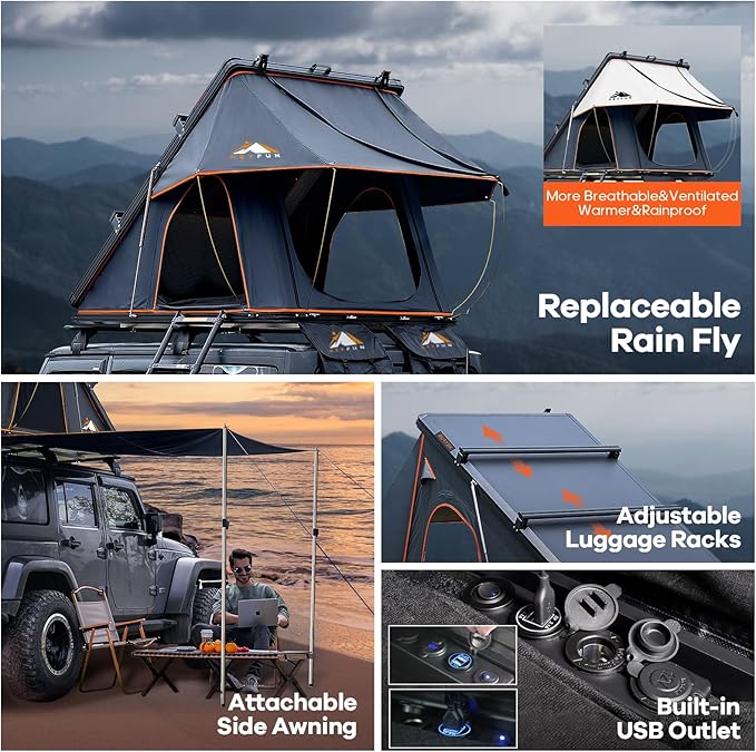 Adventurer Pro Rooftop Tent Hard Shell with USB Outlet, Side Awning, Replaceable Rain Fly&Luggage Racks for 4 Season Camping, Aluminum Pop Up 2-3 Person Roof Top Tent for Truck Jeep SUV Van Trailer