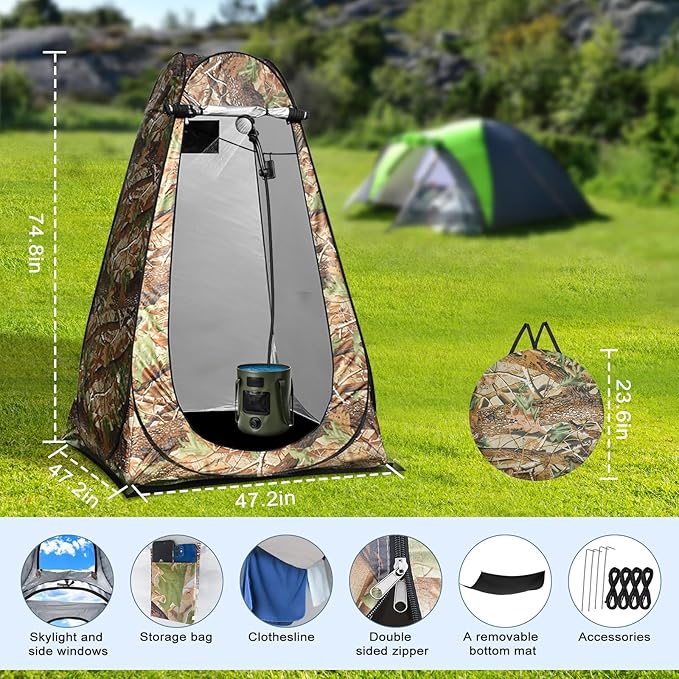Portable Hot Shower for Camping, Pop Up Shower Tent, Rechargeable Camping Shower with Auto-Off Heater, 6.6 Gallon Foldable Bucket for Camping, Hiking, Traveling