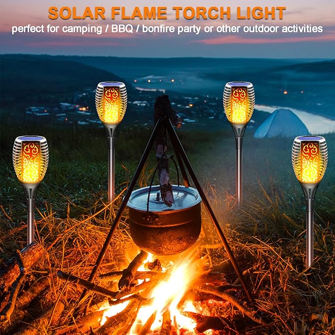 Large Solar Torch Light with Flickering Flame, Upgraded 3-in-1 Solar Fire Lights Outdoor Hanging Lanterns, Halloween Decorations Solar Powered Tiki Torches for Garden, Pathway, Lawn, Yard