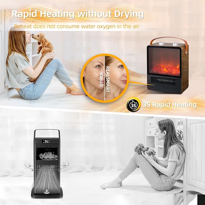 RealSmart Small Electric Fireplace 1500W Space Portable Heater for Indoor Use 4 Adjustable Modes Ceramic Mini Fireplace 3D Realistic Flame Overheating Safety Protection