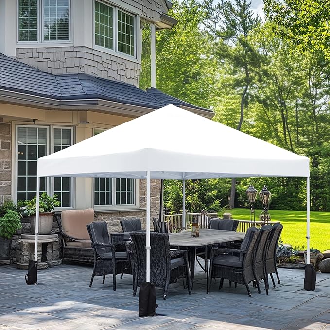 Amazon Basics Outdoor Pop Up 10 x 10 Canopy Tent for Events, Portable with Easy Setup, Includes Wheeled Carry Bag, 8 Pegs, 4 Ropes, 4 Weighted Bags, White