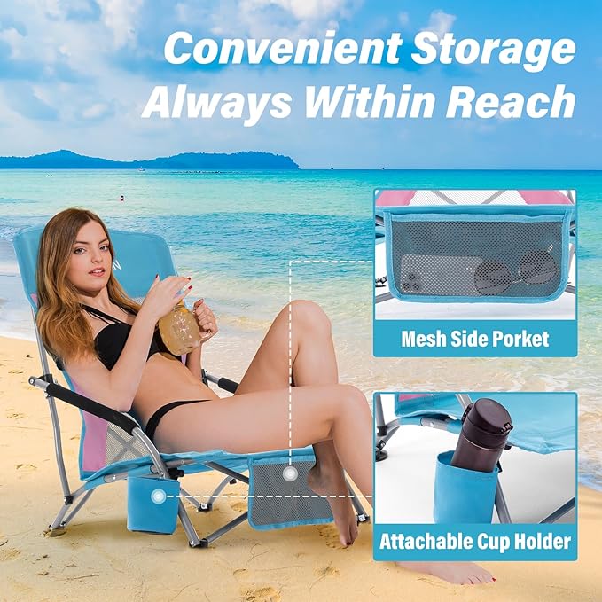 Homcosan Portable Low Folding Beach Chair - Lightweight Camping Chair for Adults with Cup Holder & Storage Pocket, Carry Bag Included (Blue & Pink)