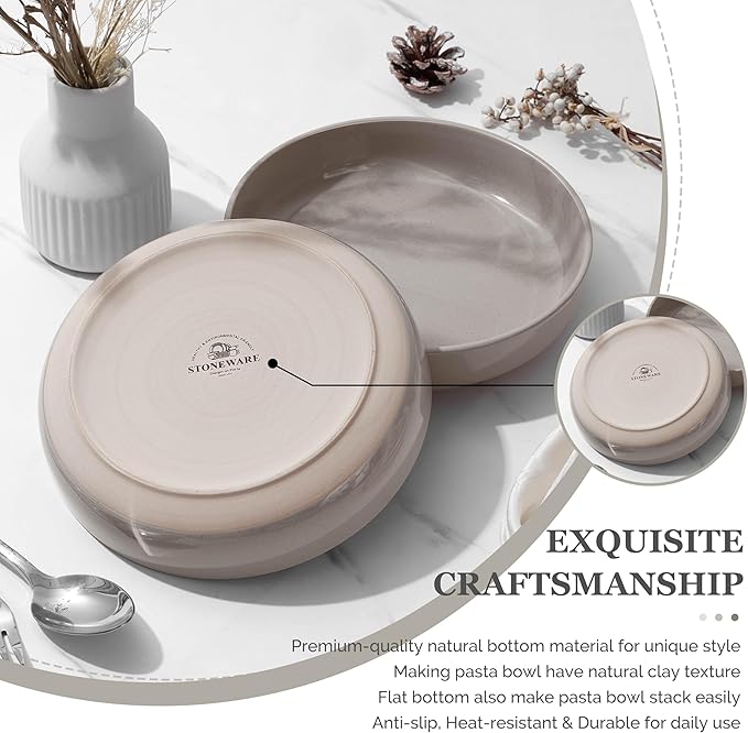 HaWare Pasta Bowls Set of 6, 33oz Large Salad Bowls for Home Kitchen, Ceramic Serving Plates for Soup, Cereal, Scratch-resistant Wide and Shallow Dinner Bowl, Microwave & Dishwasher Safe, Cream Coffee