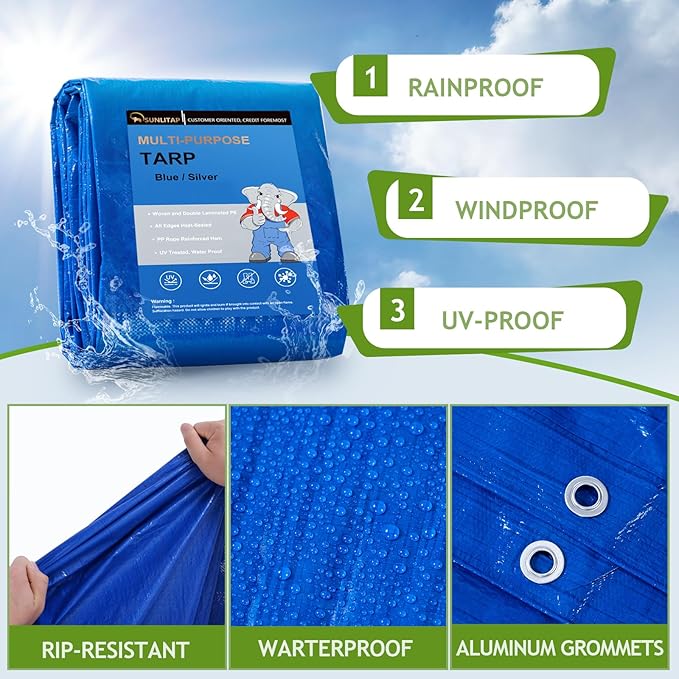 10x20Ft Tarp Cover 5 MIL Waterproof Poly Tarps, Light Duty Tarpaulin with Grommets, Reinforced Edges, Rip & Tear Proof, Multipurpose Finished Size Tarp for Cars, Boat, Roof, Camping - Blue