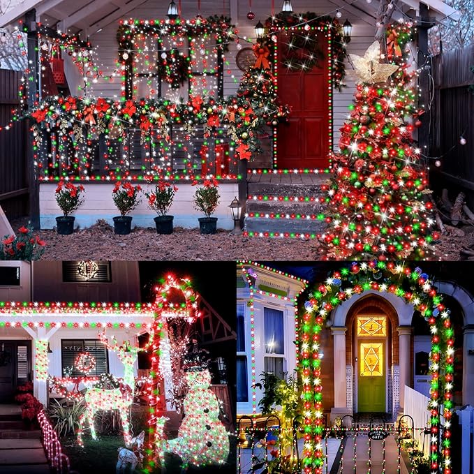 XURISEN Christmas Lights Outdoor 197FT 500 LED Green Wire String Lights 8 Modes with Timer Memory Waterproof Fairy Light Plug in for Xmas Tree Wedding Yard Party Holiday Decorations(Red+Green+White)