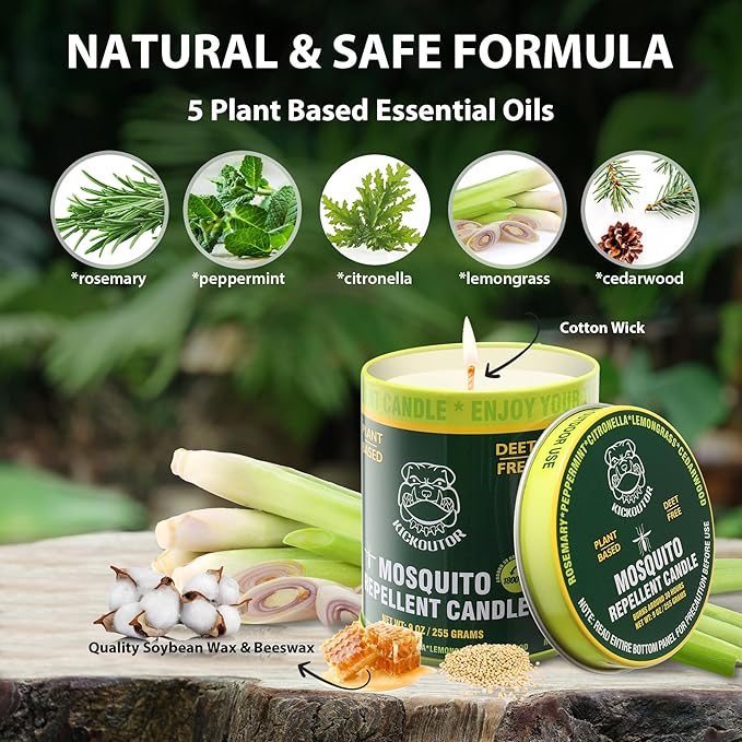 KICKOUTOR® Mosquito Repellent Citronella Candles Outdoor, 2-Pack | Total 18 Ounce 60-Hour DEET-Free Bug Protection for Patio Camping Picnic Backyard Room, Infused with 5 Plant Essential Oils