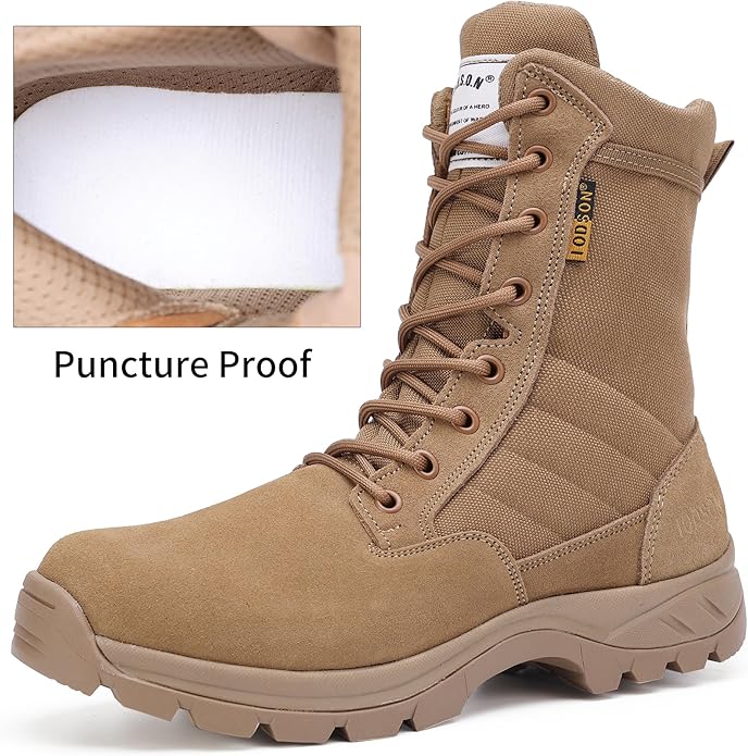 Men's Military Tactical Work Boots with Side Zipper, Puncture Resistant, Desert Combat, Army Jungle, 8 Inch Lightweight Hiking Boots