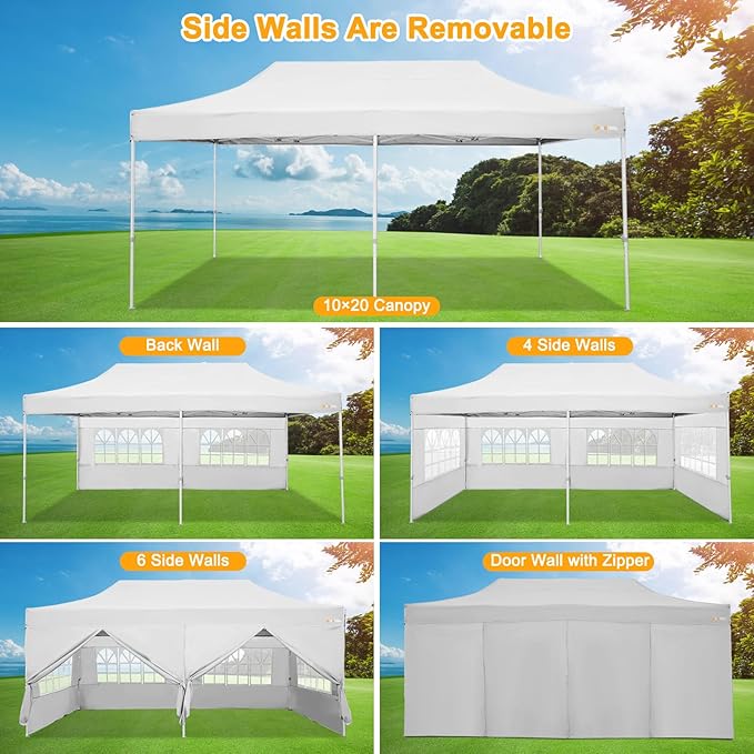 HOTEEL 10x20 Heavy Duty Pop Up Canopy Tent with Sidewalls, Commercial Outdoor Canopy Tents for Parties Event Wedding with Roller Bag, Waterproof & UV 50+, Upgraded Thickened Hexagonal Legs, White