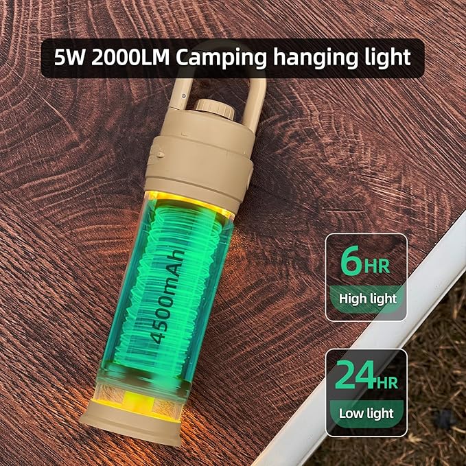Hanging LED Camping Light with Stand, 4 Modes Dimmable Camp Lamp with Type-C Rechargeable, 4500mAh Tent Ambient Lantern for Outdoor Hiking,Glamping,Emergency(Khaki)