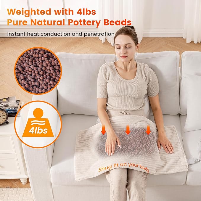WOOMER Weighted Massage Electric Heating Pad for Back Pain, Neck and Shoulders Cramps Relief, 17’’x33’’, 3.7lb BPA-Free and Non-Toxic Beads, 4 Heat Settings, 4 Massage Modes, 2h Auto-Off