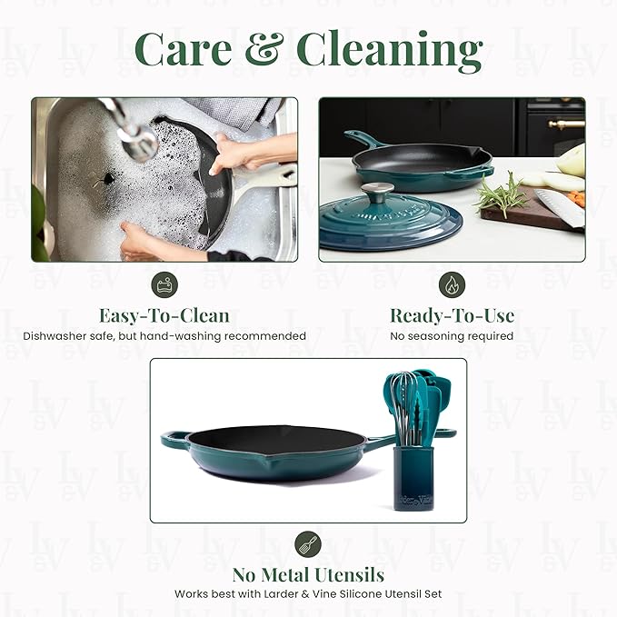 Larder & Vine Enameled Cast Iron Skillet | 10.25 inch Cast Iron Pan | Saute Pan with Pour Spouts | Enamel Coated Cast Iron Skillet | Compatible on All Cooktops & Oven Safe to 500° F | Bondi