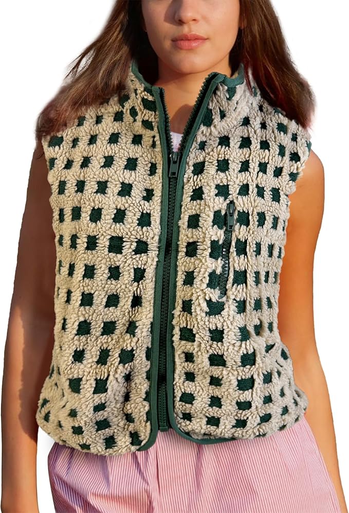 Colorful world Womens Checkered Sherpa Vest Fleece Jacket Lightweight Zip Up Sleeveless Crochet Plaid Gilet with Pocket