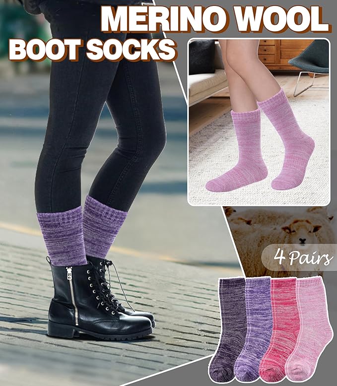 LANLEO Merino Wool Hiking Socks for Women Men Thermal Extra Thick Winter Warm Comfy Cushioning Crew Boot Socks 4 Pairs