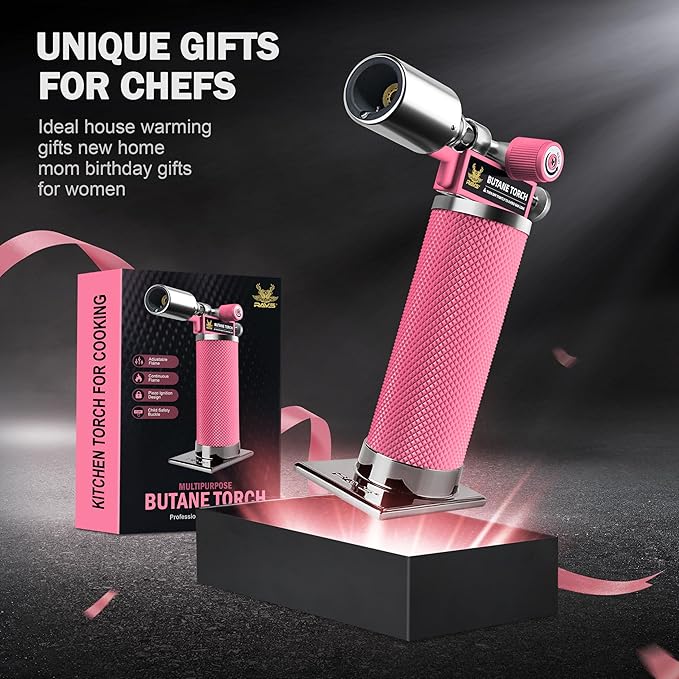 RAVS Butane Torch, Kitchen Torch Lighter for Creme Brulee with Adjustable Flame, Cooking Torch for Baking, BBQ, Desserts, Metal Mini Torch with Safety Buckle, Pink (Butane Not Included)