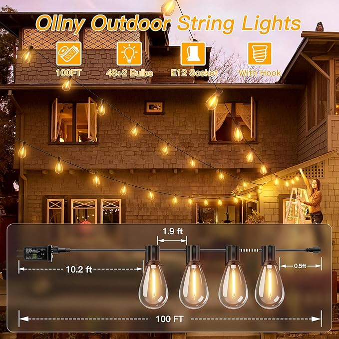 Ollny S11 100FT Outdoor String Lights with Remote, Plug in Waterproof Connectable 3 Modes Dimmable Timers Patio Lights with 48+2 LED Spare Bulbs, Dusk to Dawn Outdoor Light for Outside Bistro Yard