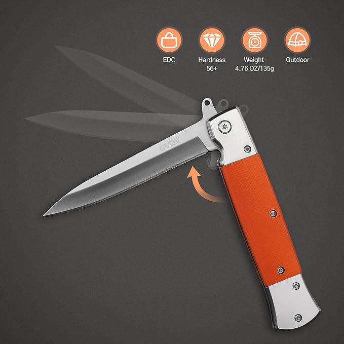 GVDV Folding Pocket Knife with G10 Handle, 7Cr17 Stainless Steel EDC Knife with Safety Liner-Lock, Camping Hunting Survival Knife for Men Women, Orange