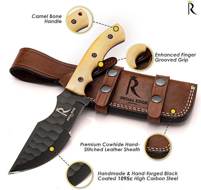 Fixed Blade Knife – 10” Handmade Tracker Hunting Blade with Camel Bone Handle & Leather Sheath, Full Tang 1095C High Carbon Steel Survival Knife for Camping, Hunting & Outdoor Use