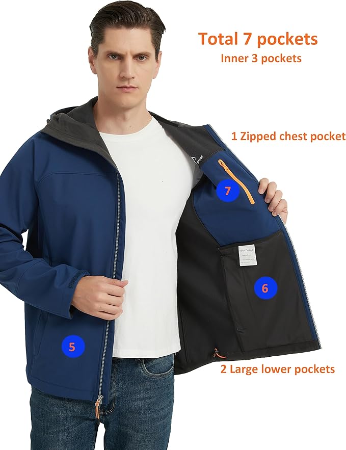 Men's Waterproof Softshell Rain Jacket, Hooded Windbreaker 7 Pockets, Lightweight Shell for Outdoor Activities