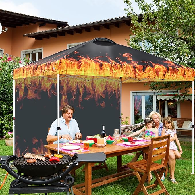 EAGLE PEAK Pop Up Canopy Tent with 1 Sidewall, Easy Setup Event Tent, Outdoor Sun Shade, Wheeled Carry Bag, Stakes and Guy Ropes, Instant Canopy 10x10, Flame