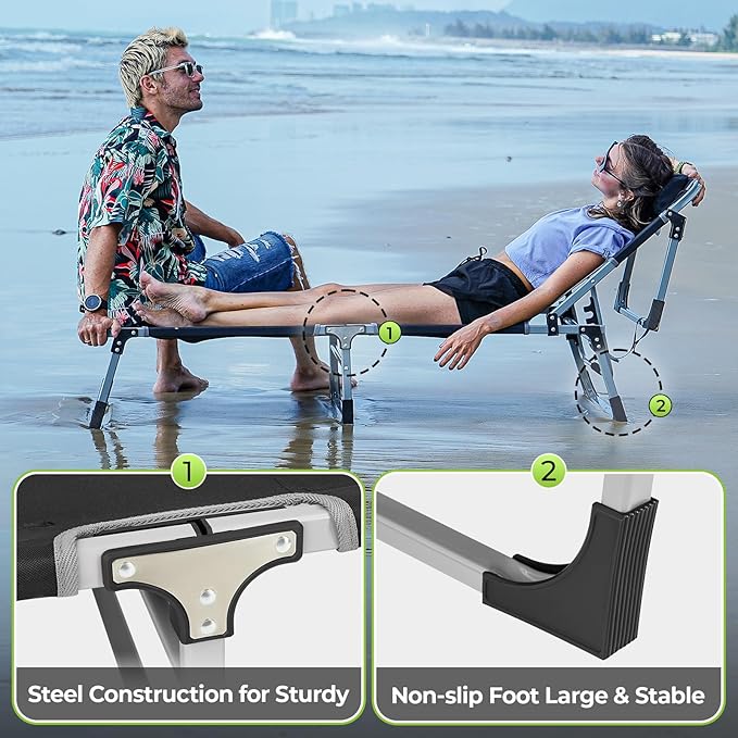 FUNDANGO 2 Pack Extra Wide Folding Lounge Chairs for Outside, Oversize Four-fold Chaise Lounger in Compact Storage for Heavy Duty Adults for Outdoor Patio Lawn