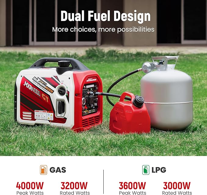 maXpeedingrods 4000 Watt Dual Fuel Inverter Generator with Bluetooth® Control Start and Display, RV Ready, Electric Start, Quiet for Outdoor Camping, Home Backup, Garden,PGMA Compliant