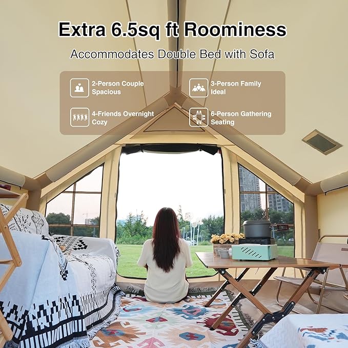 2025 Upgraded Waterproof Inflatable Camping Tent, Large Blow-Up Air Tent, No Assembly Needed Luxury Glamping House, Oxford Fabric