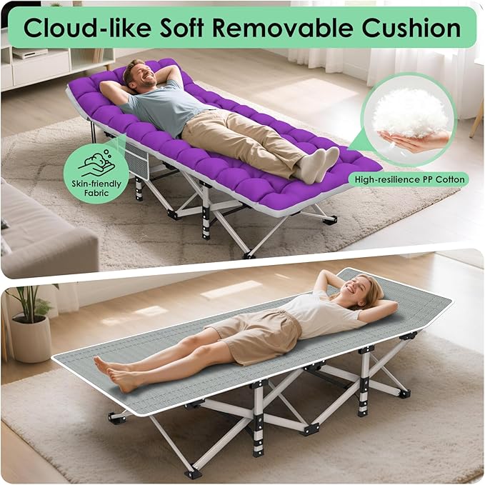 Suteck Camping Cot, Folding Camping Cot Bed for Adults Sleeping 1200D Double Layer Oxford Portable Folding Outdoor Cots for Camping W/Soft Pad Carry Bag for Home Office Nap Beach Travel, 500LBS,Purple