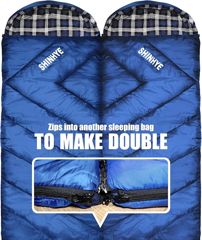 ShinHye 0 Degree Sleeping Bag for Adults - Cotton Flannel 4 Season Cold Weather Winter, XXL Big and Tall Camping Sleeping Bag with Compression Sack